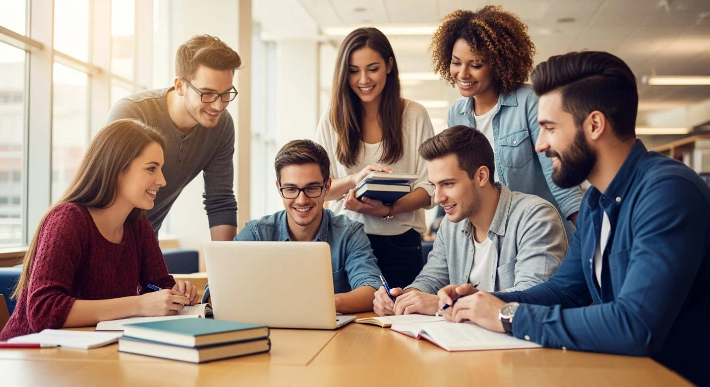 College students collaborating in a university library