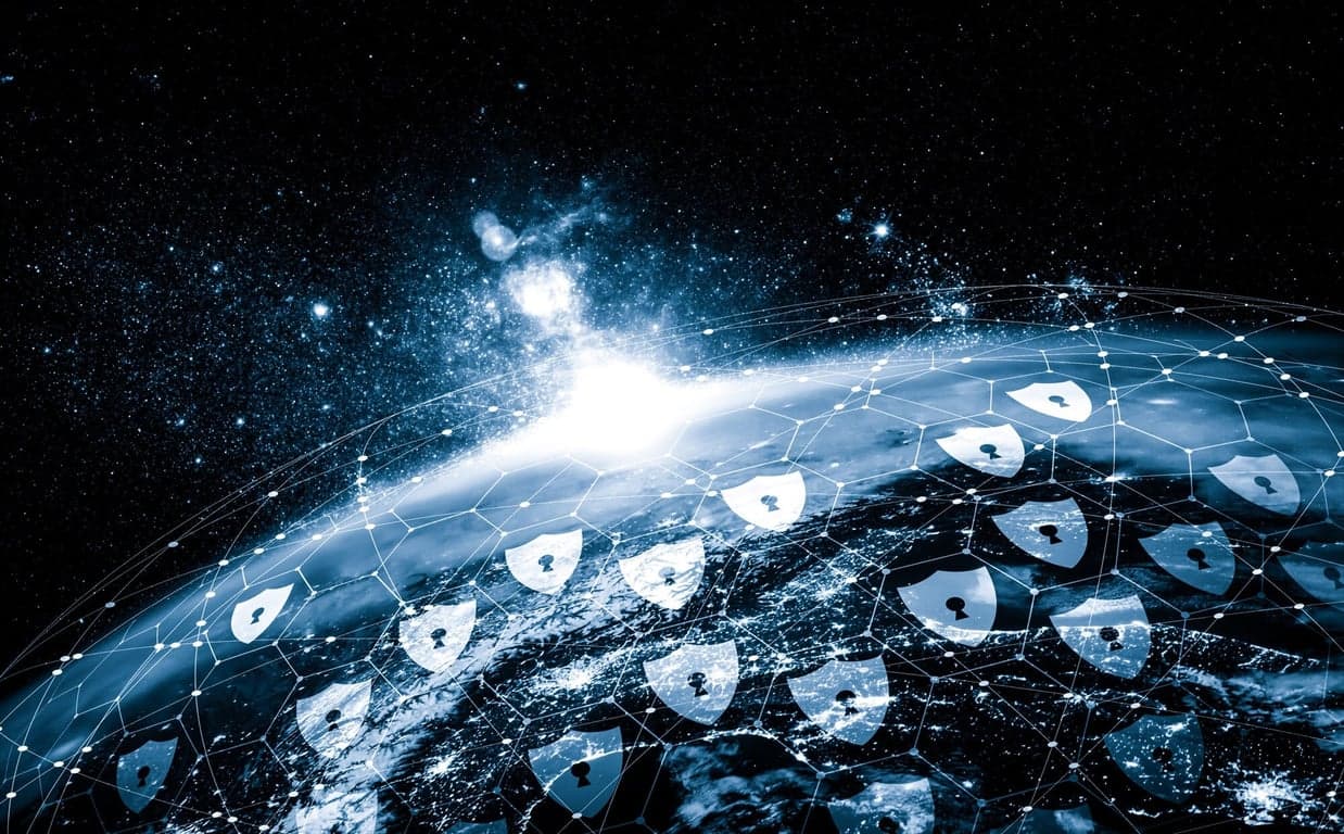 Protective digital network overlaying a world map, illustrating increased national cyber defense strategies.