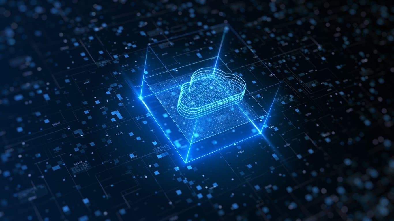 Abstract digital graphic illustrating secure cloud infrastructure layers protecting online user information.