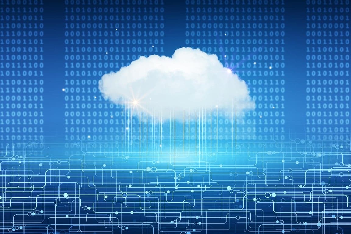 Abstract visualization of cloud computing network connecting digital services like email and streaming.