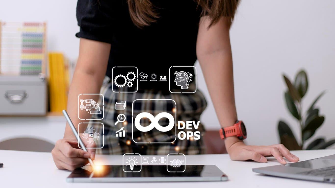 Illustration depicting a DevOps workflow pipeline with icons for code, test, and deployment.