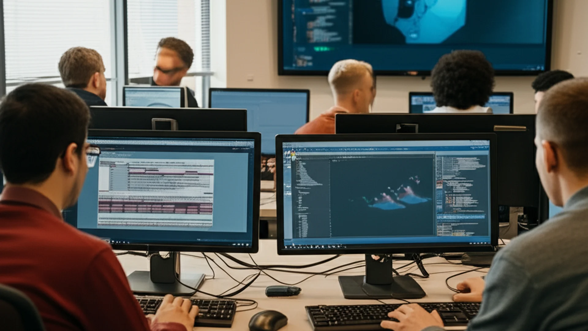 AI and machine learning students collaborating in modern university lab with neural network visualizations