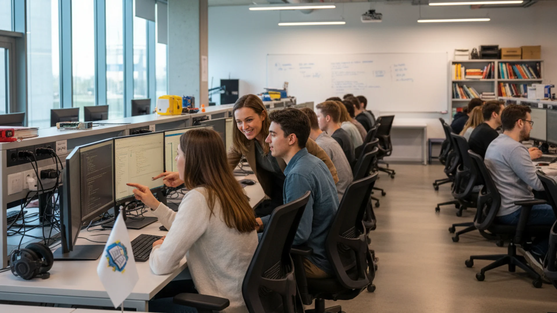 Computer science students collaborating in modern university lab with multiple monitors showing code