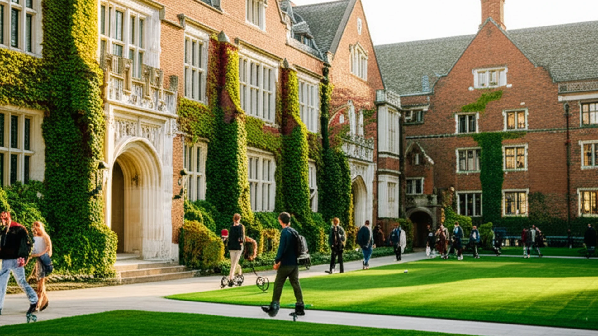 Modern university campus with computer science building and students walking on a sunny day