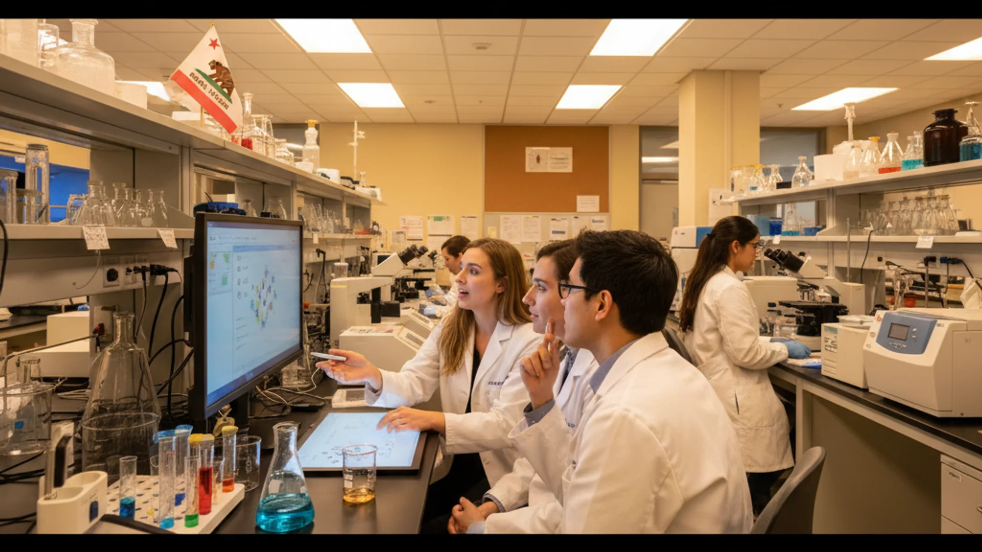 University campus with modern computer science building and graduate students