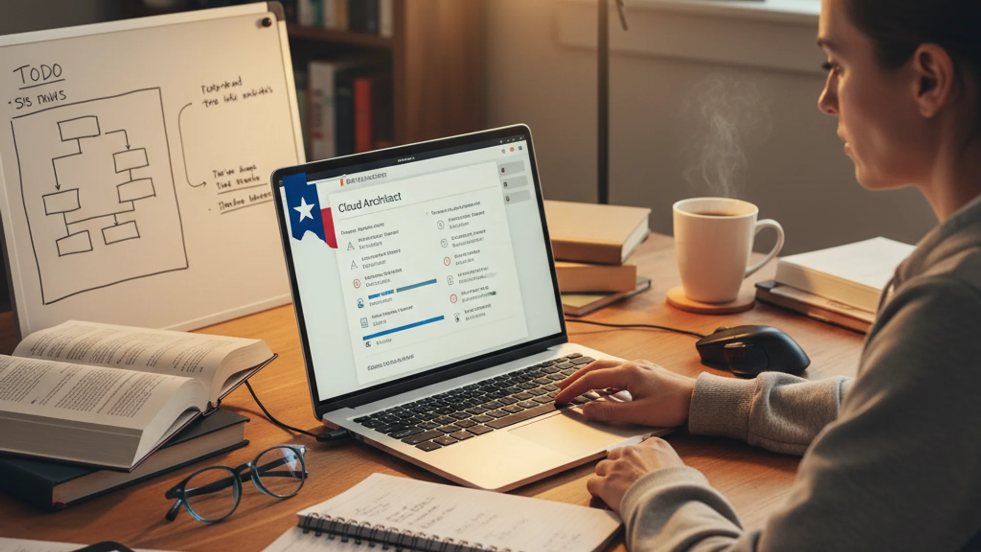 Professional studying for CEH certification with cybersecurity materials and ethical hacking tools visible