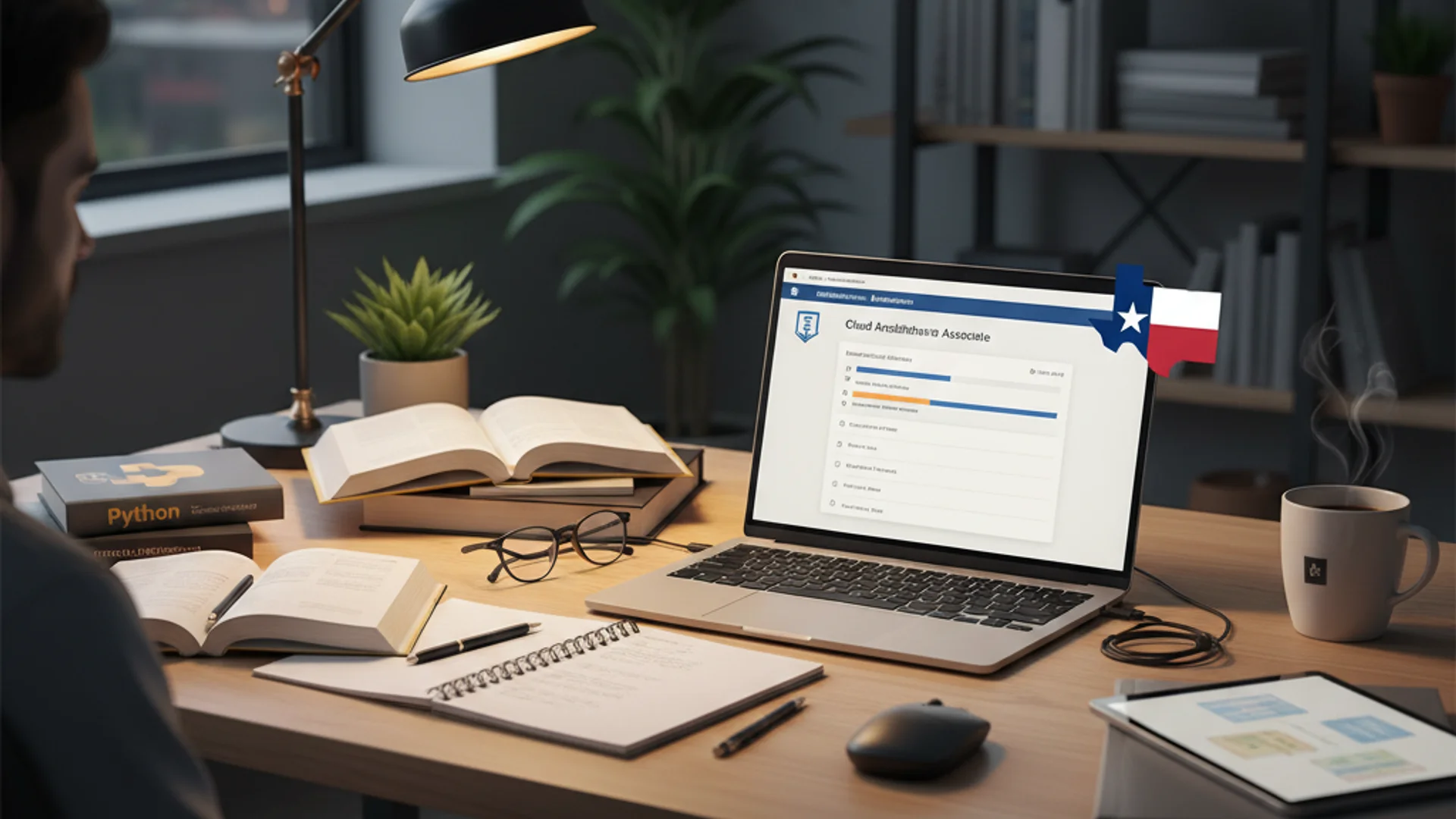 Professional studying for CISA certification with audit documents and cybersecurity materials