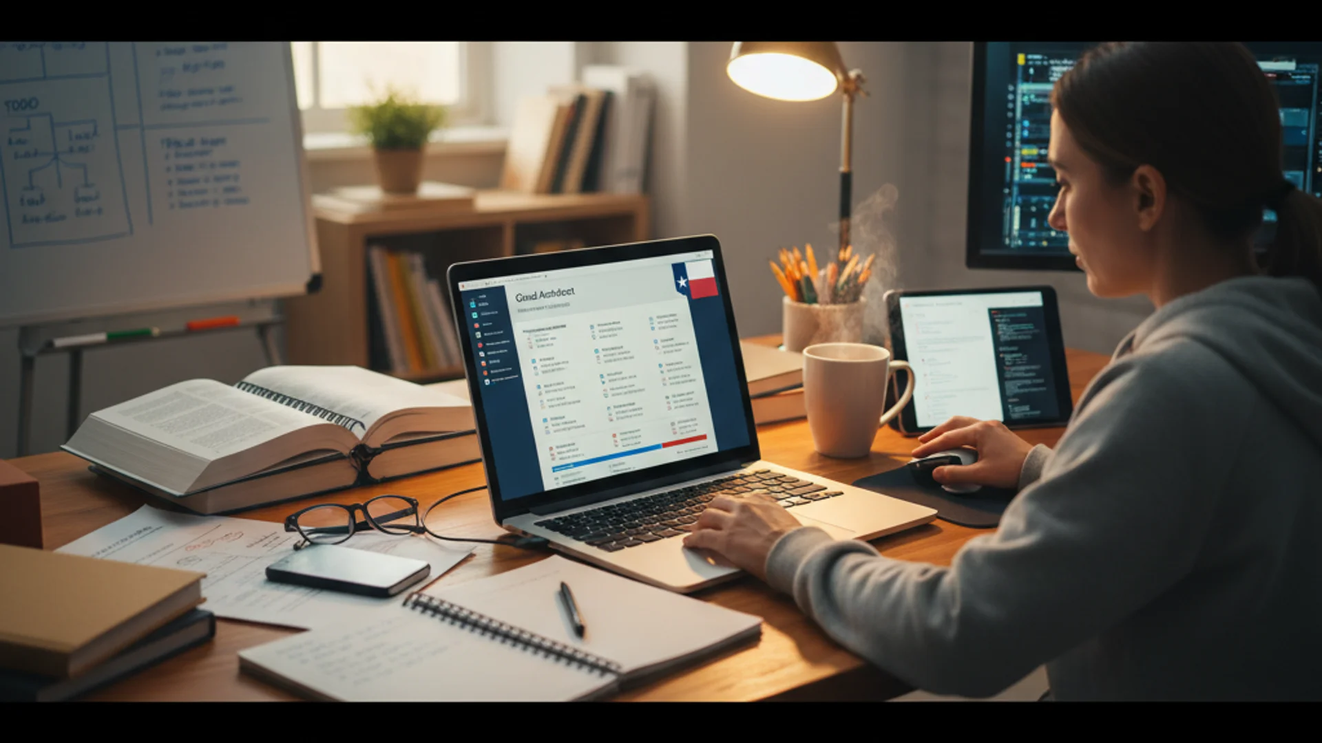 Cybersecurity professional studying CISSP certification materials with security frameworks visible