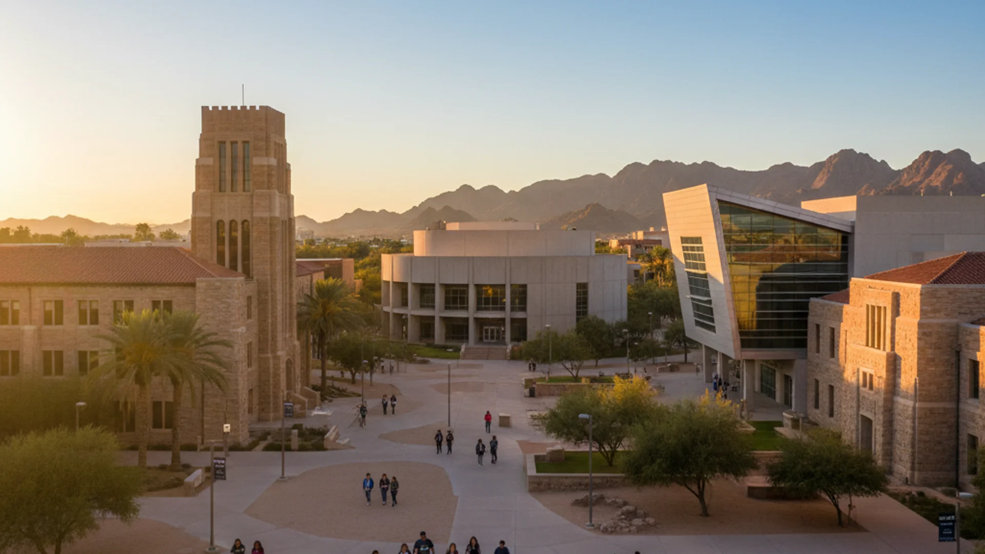 Arizona desert landscape with modern tech campus buildings and AI visualization elements