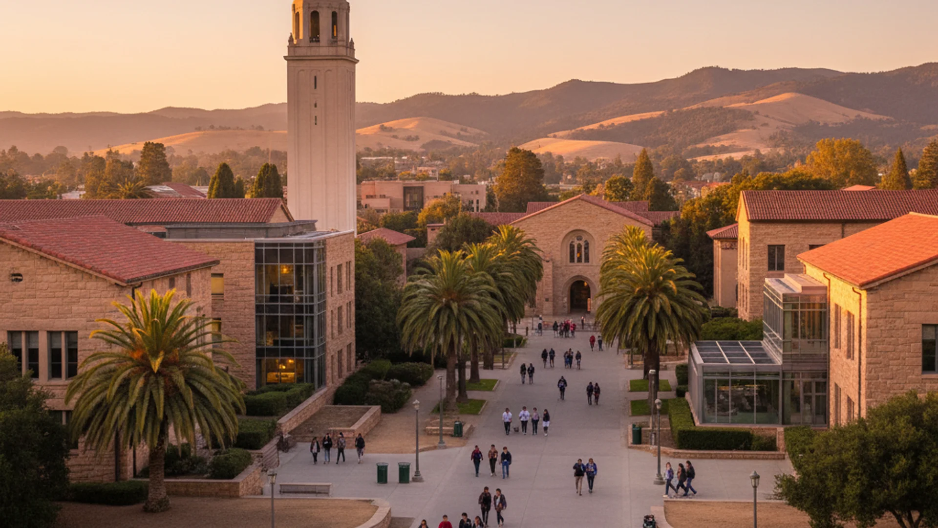 California university campus with palm trees, modern glass buildings, and Silicon Valley tech aesthetic featuring AI and technology themes