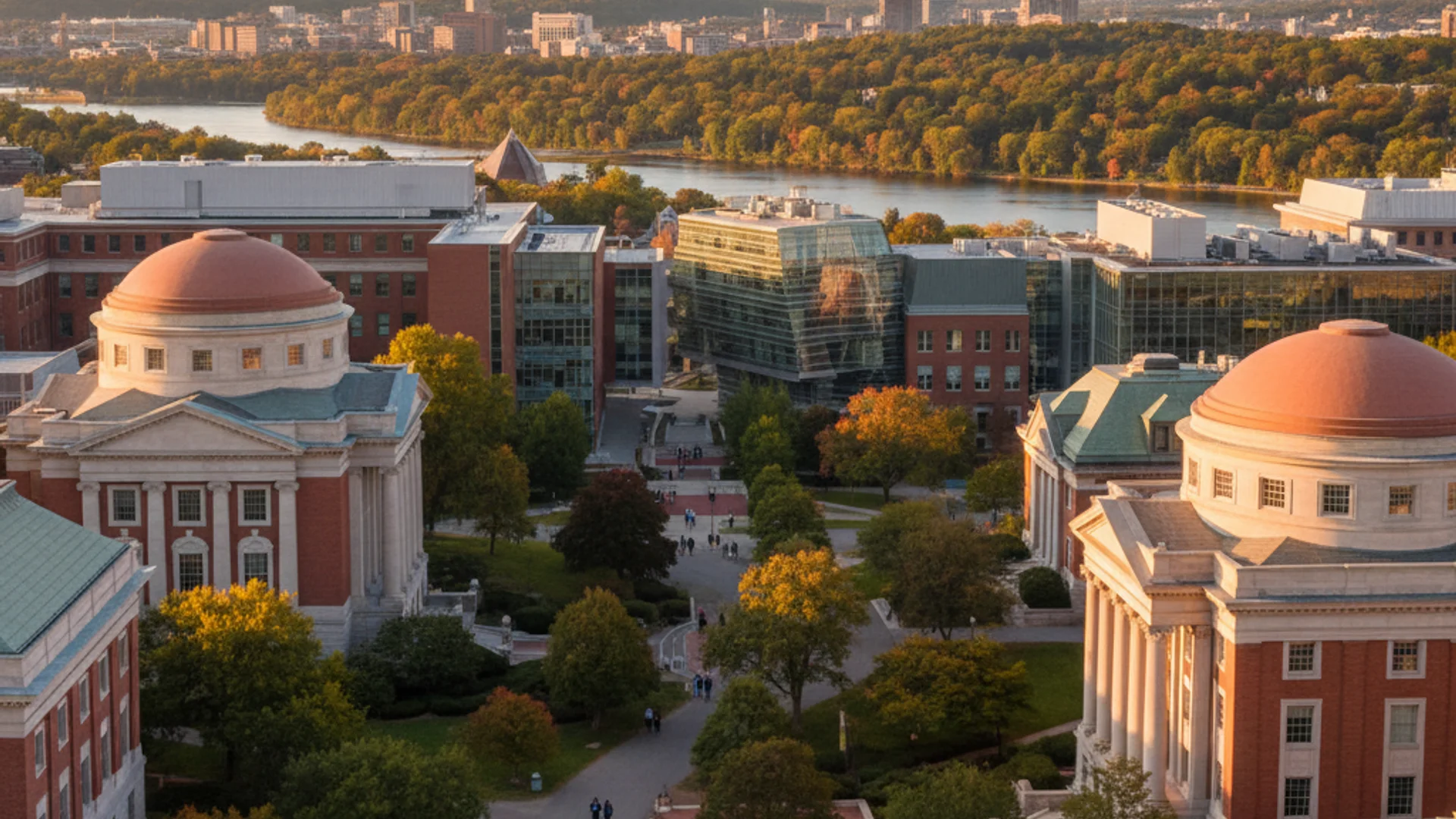 Massachusetts university campus with historic brick buildings and modern AI research facilities