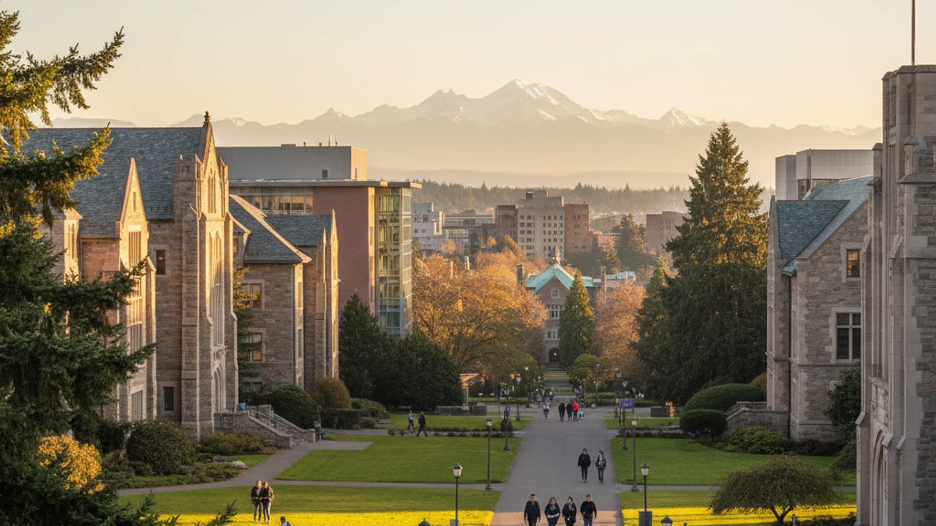 University of Washington campus with evergreen trees and Seattle skyline featuring modern tech buildings