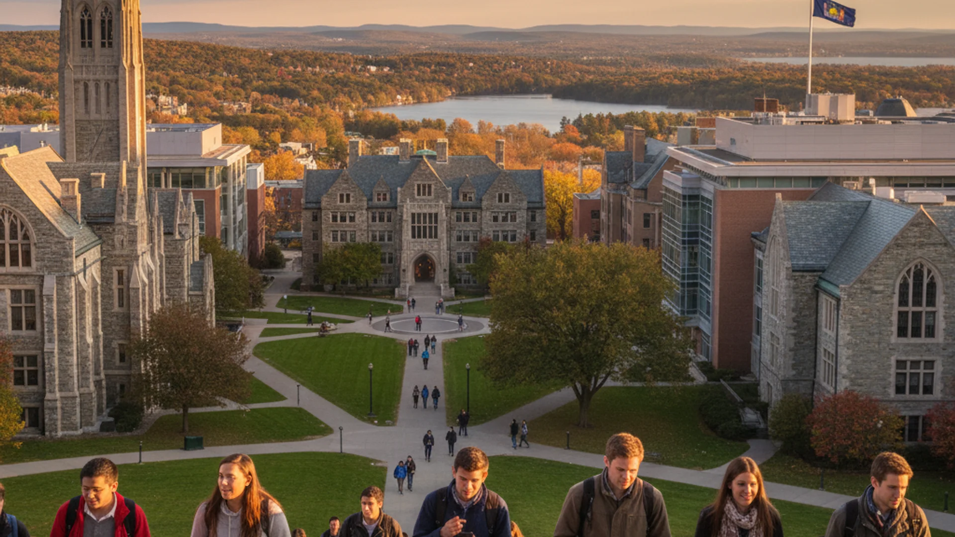 New York university campus with modern computer engineering buildings and NYC skyline