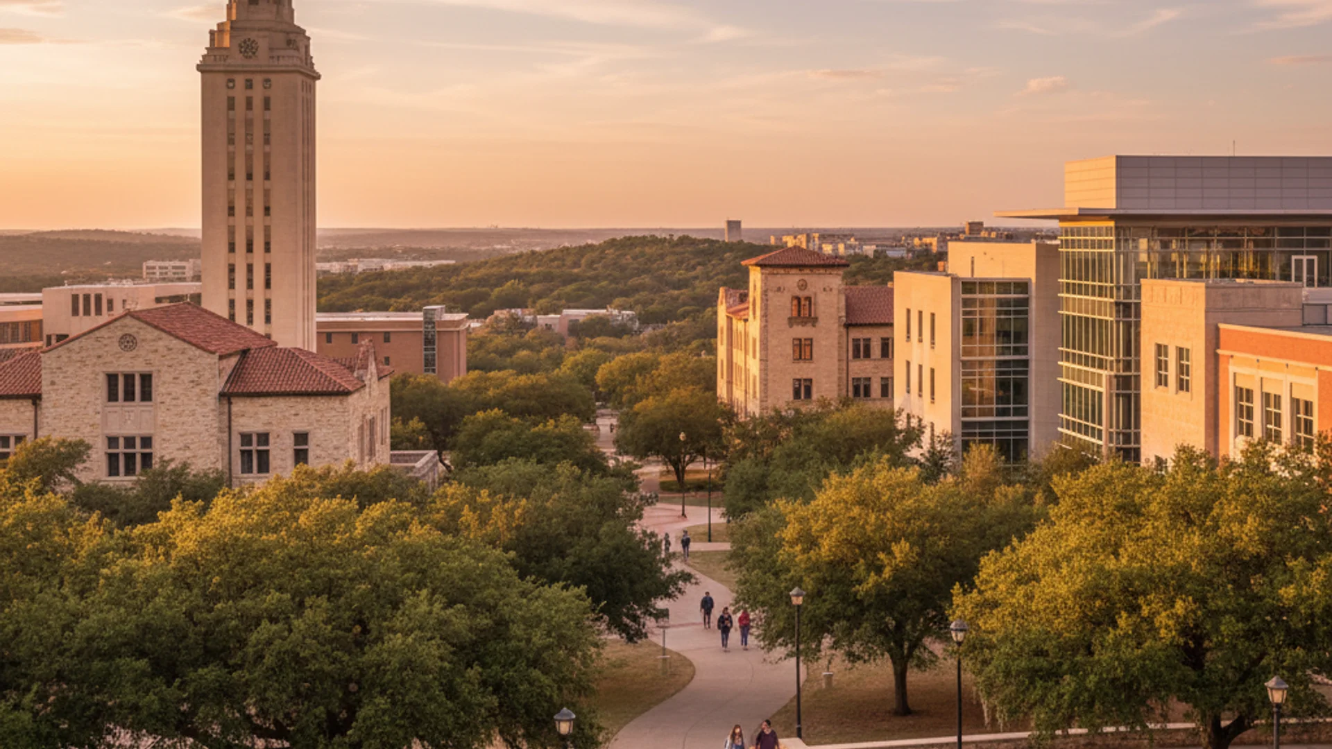 Texas university campus with modern programming lab and Austin skyline background