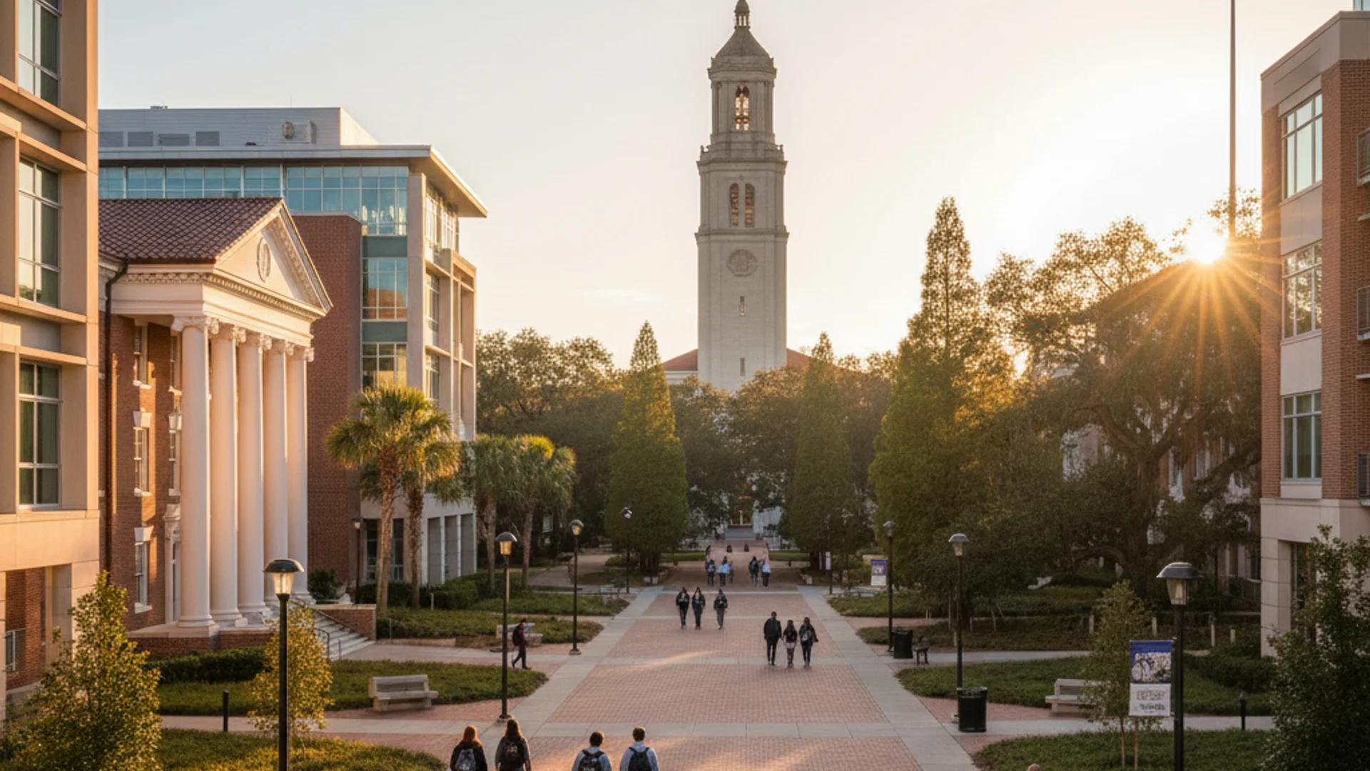 Florida university campus with palm trees and modern tech buildings
