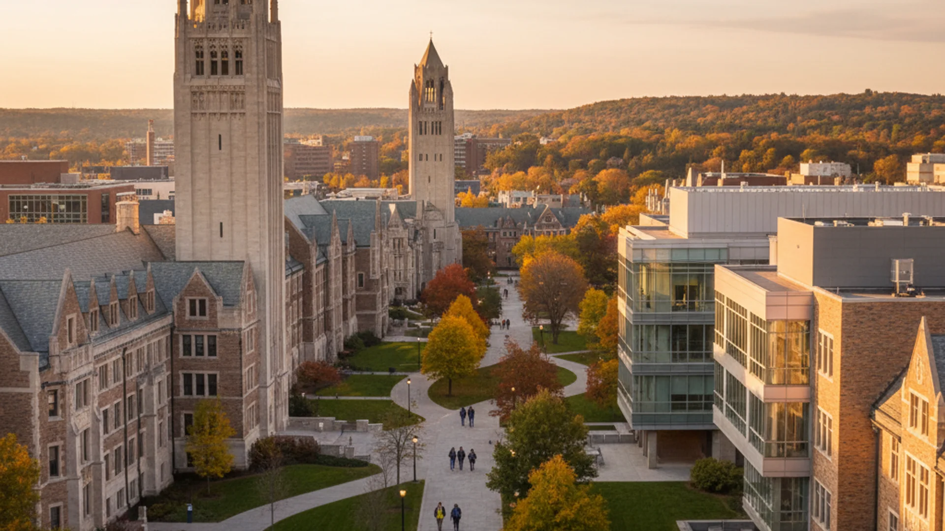 University of Michigan campus with Great Lakes backdrop and modern computer science buildings