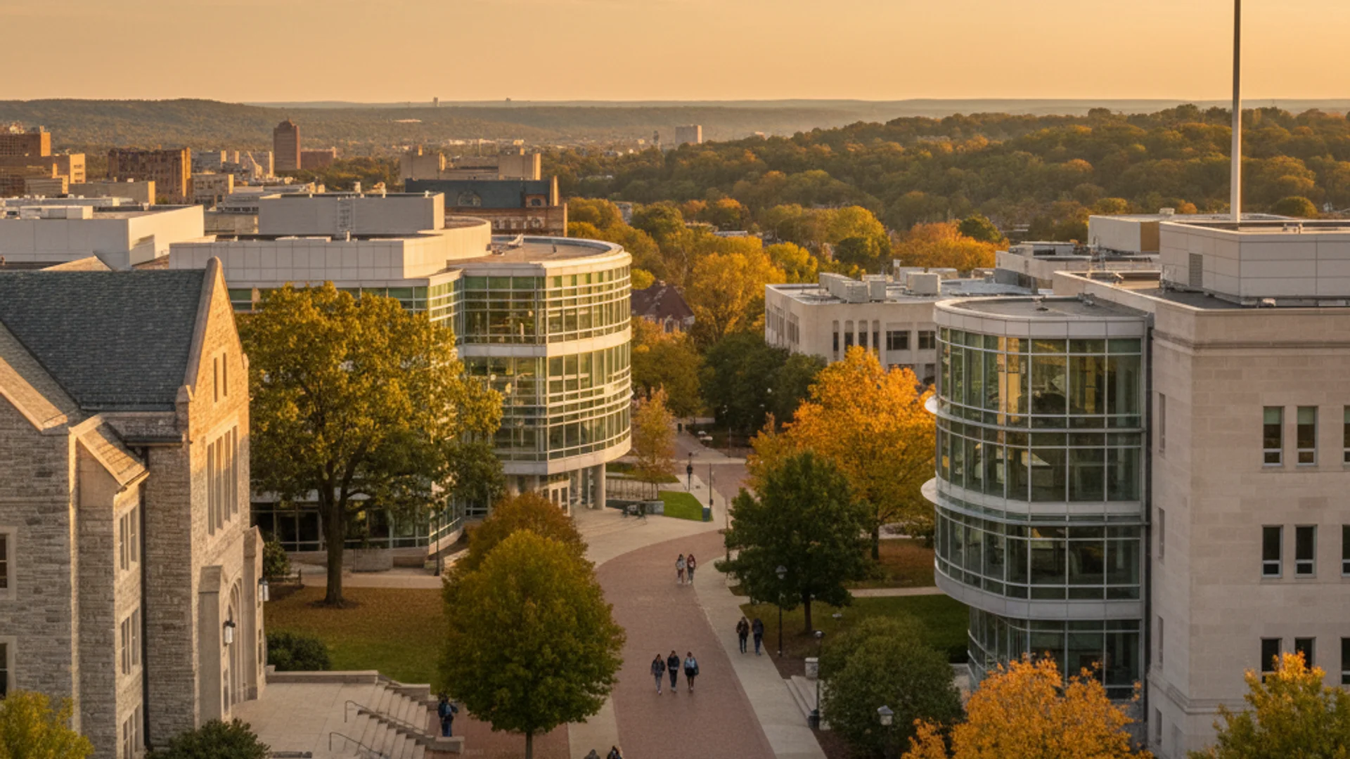 Ohio university campus with modern computer science buildings and autumn foliage