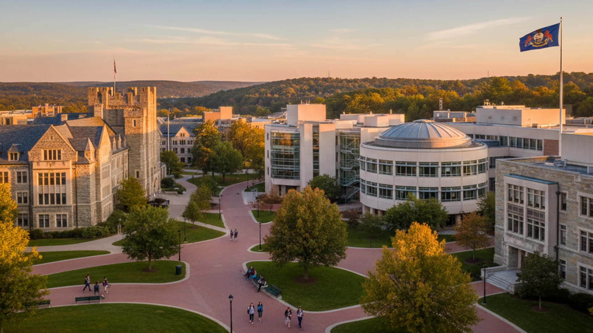 Pennsylvania university campus with historic brick architecture and modern computer science buildings