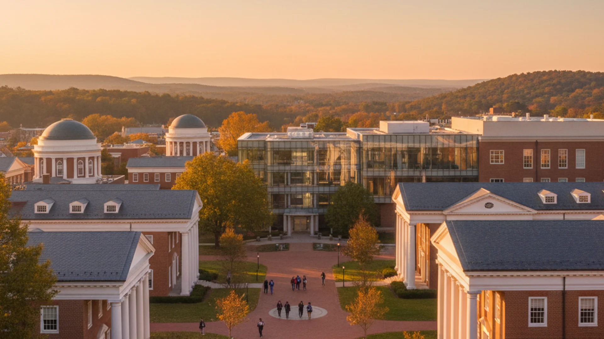 Virginia university campus with colonial architecture and students studying computer science