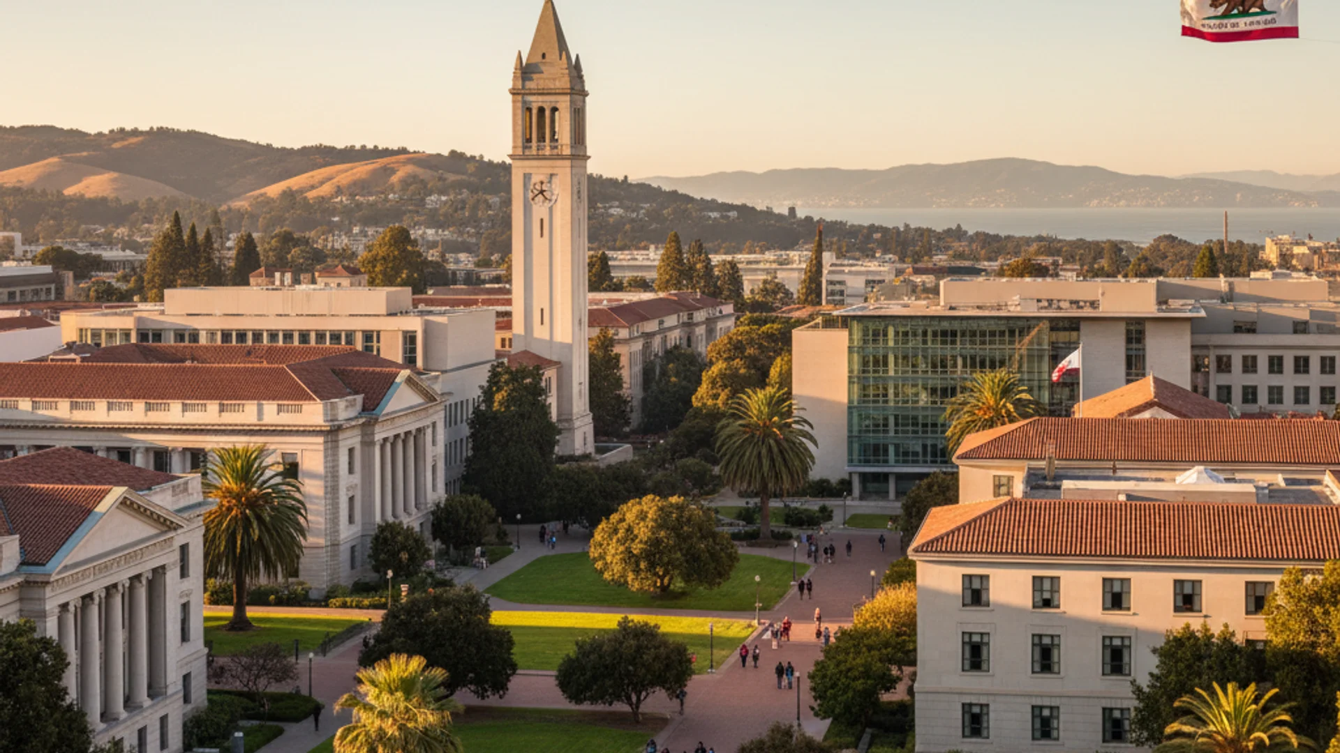 California university campus with modern cybersecurity lab and Silicon Valley tech aesthetic
