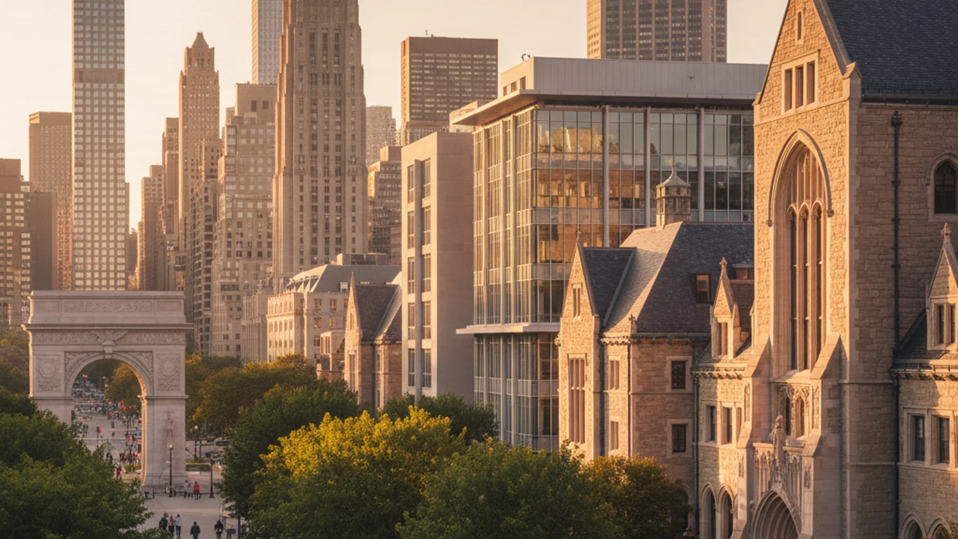 New York City skyline with university campus and cybersecurity technology elements