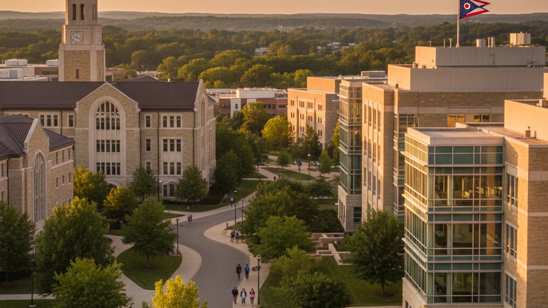 Ohio university campus with modern cybersecurity lab facilities and students working on security systems