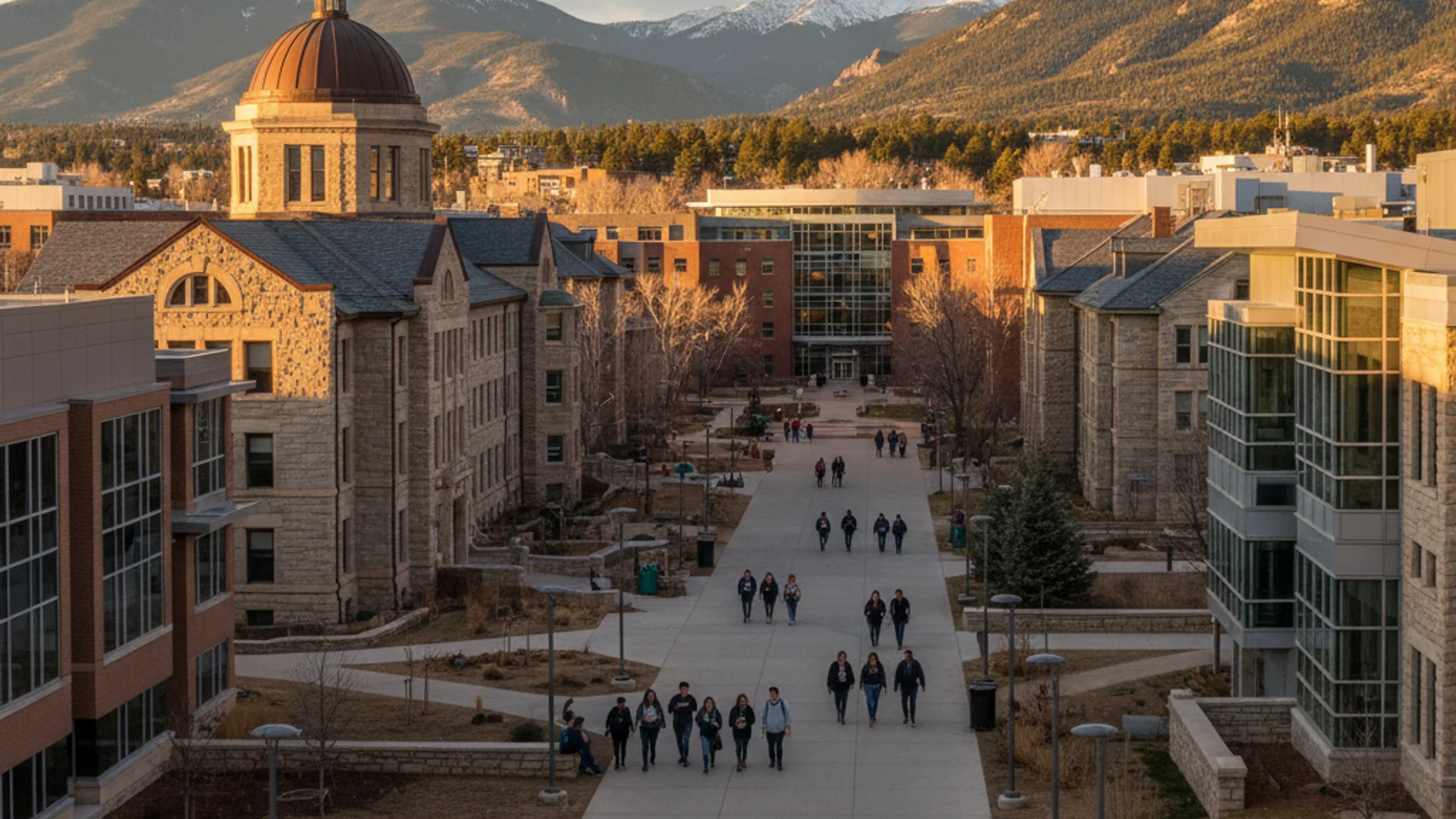 Colorado university campus with Rocky Mountains backdrop and modern data science facilities