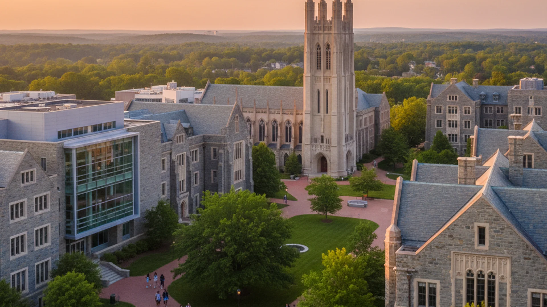North Carolina university campus with modern research buildings and students working with laptops