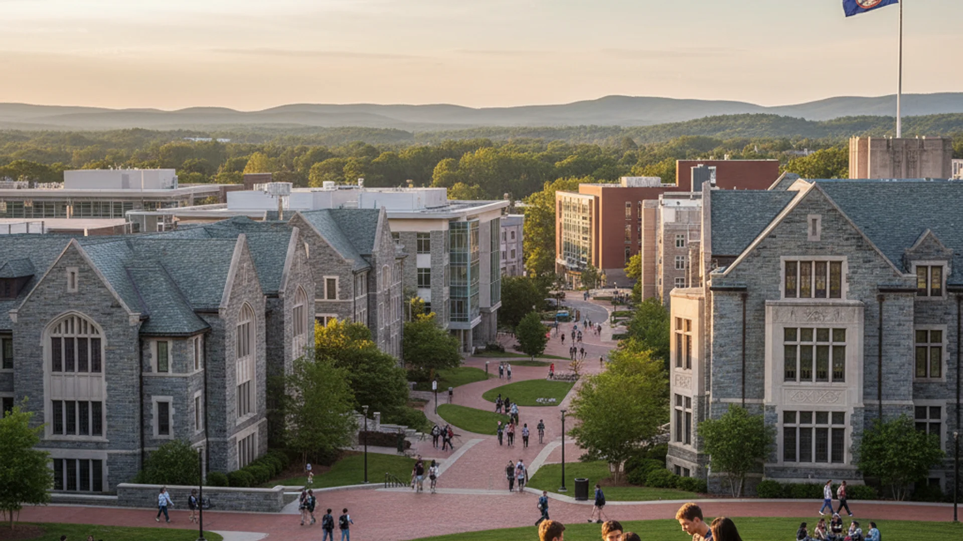 Virginia university campus with historic architecture and students studying data science