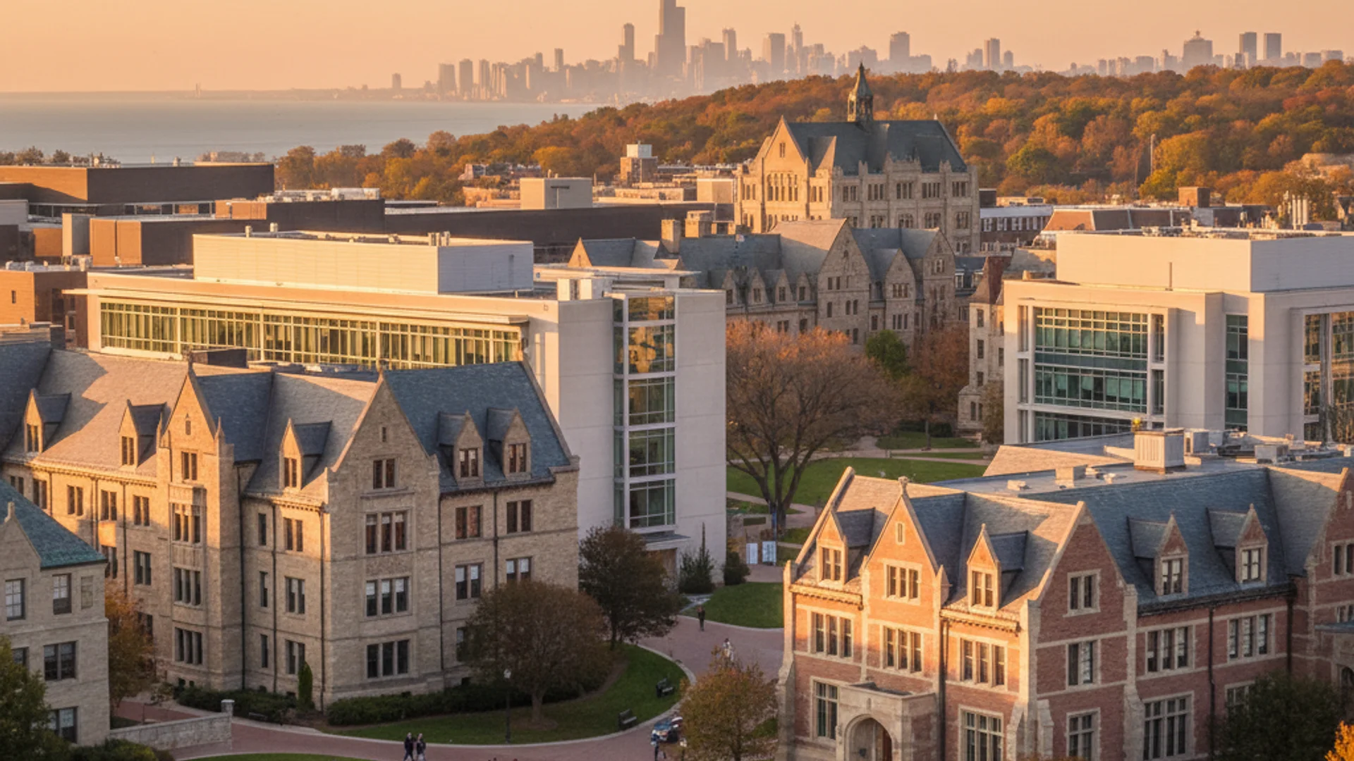 Illinois university campus with Chicago skyline in background and modern technology elements