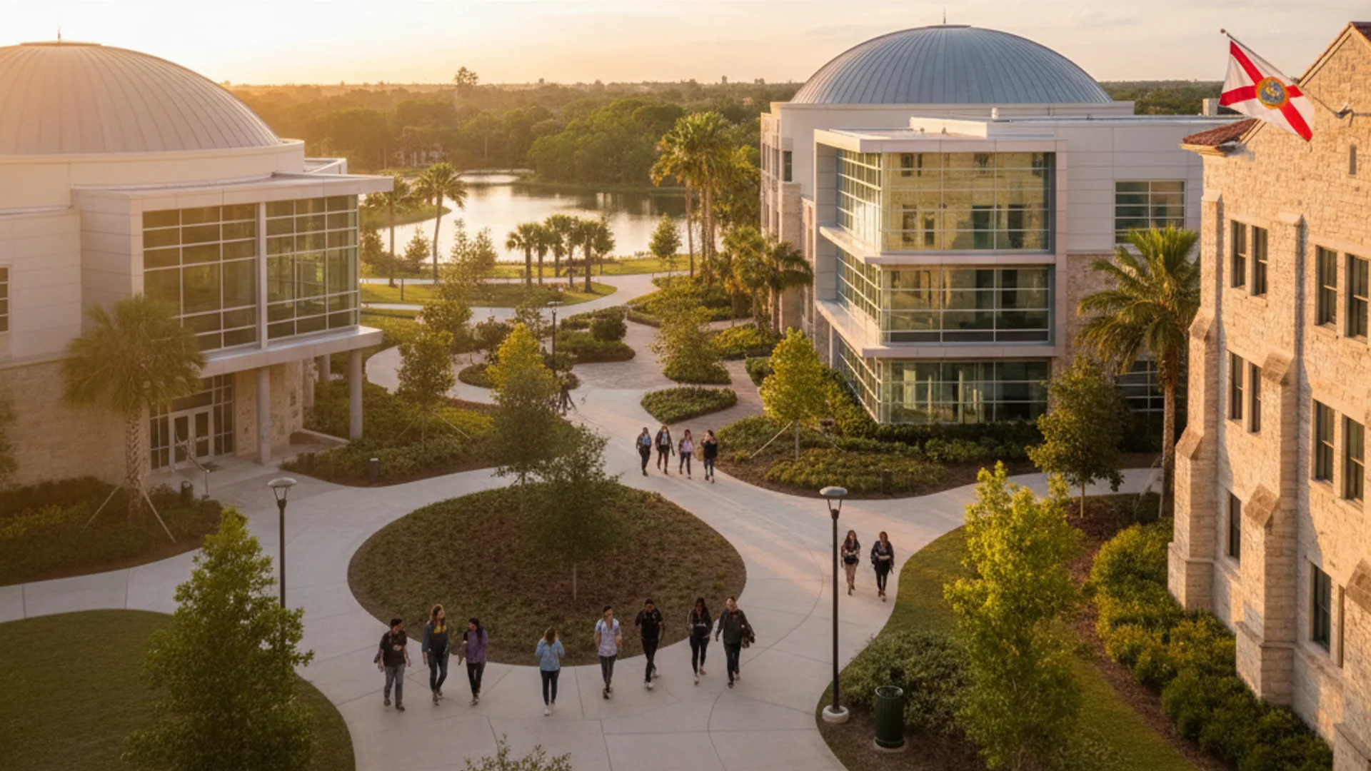 Florida university campus with tropical landscaping and modern gaming lab