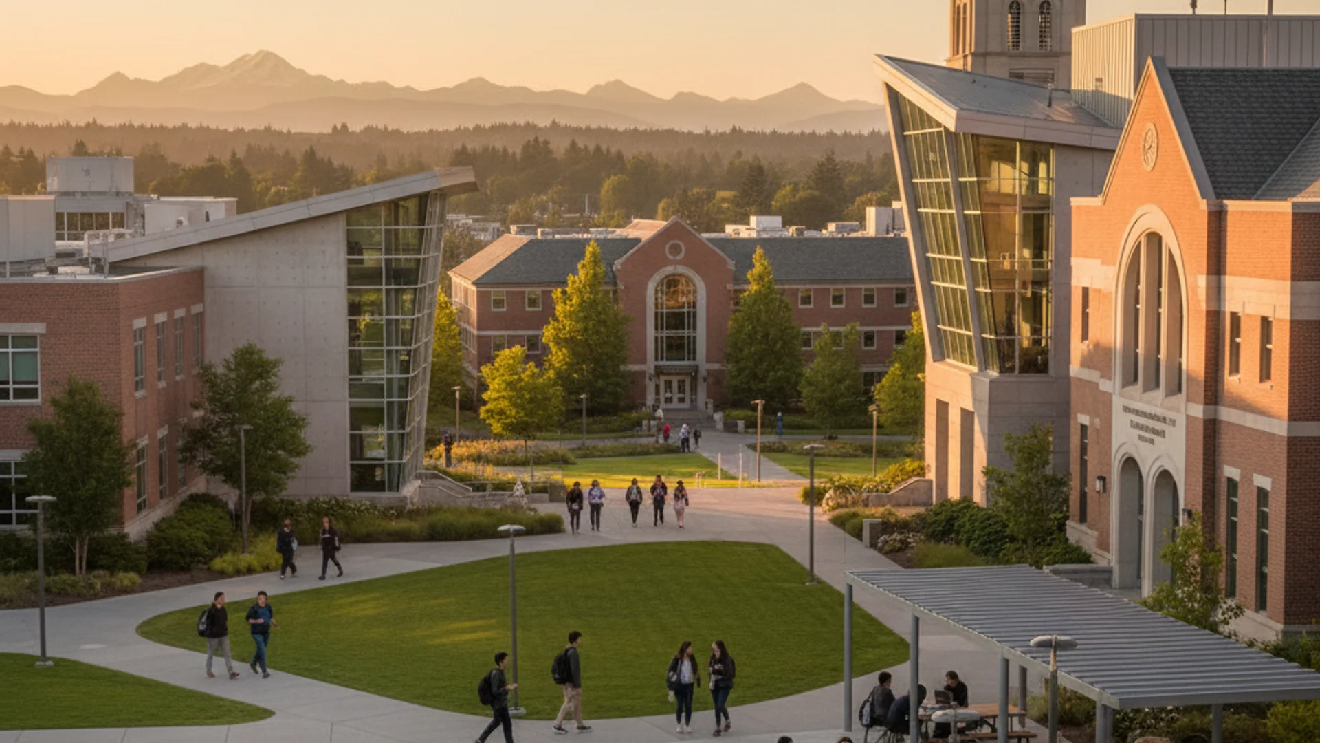 Washington state university campus with evergreen trees and modern tech buildings