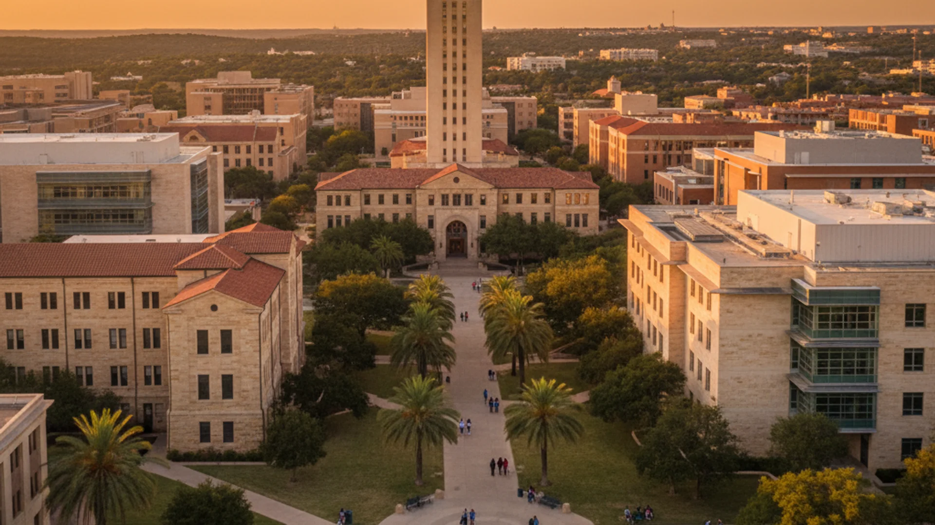 Texas university campus with Spanish colonial architecture and modern tech buildings