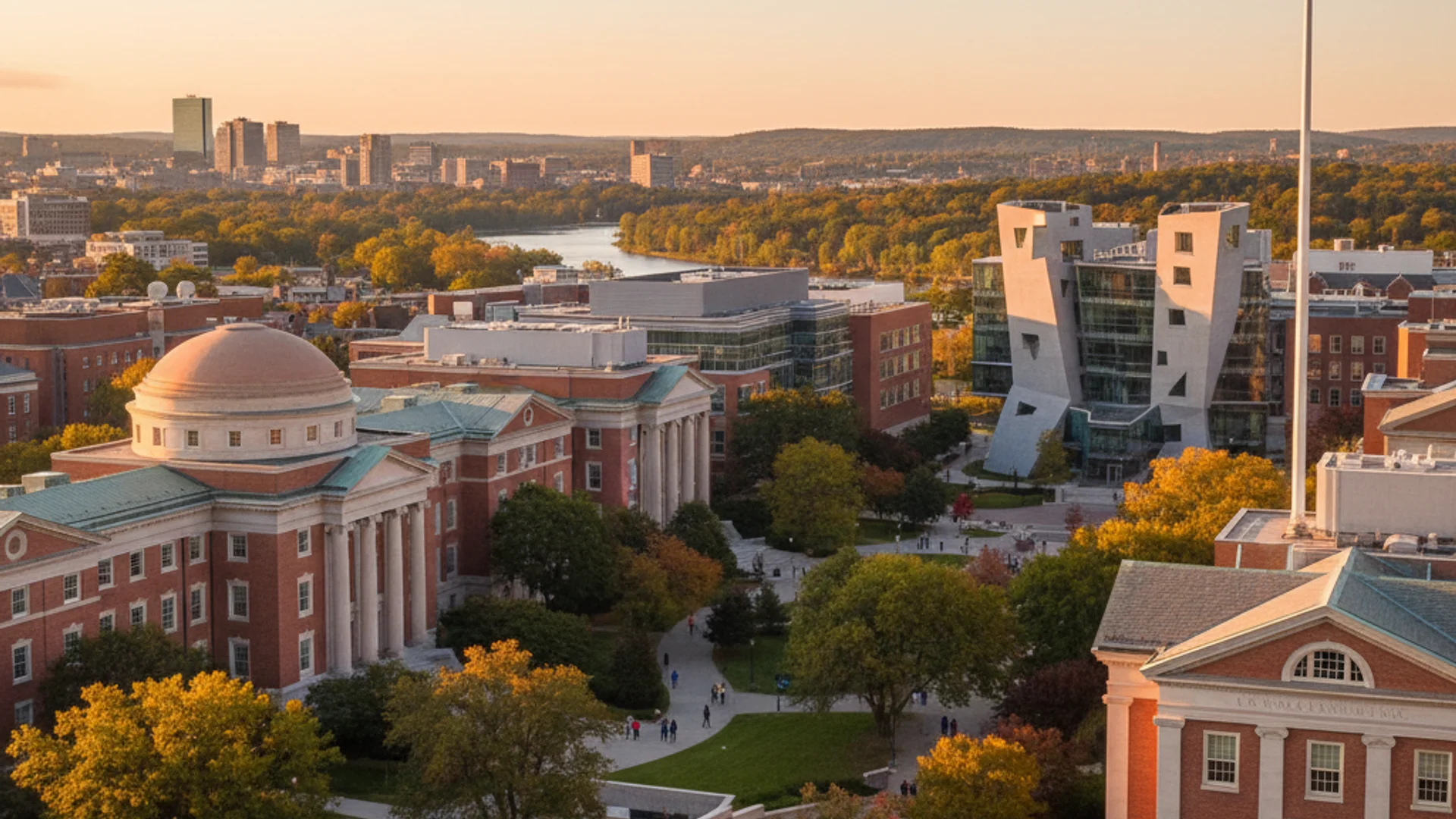 Massachusetts university campus with historic brick buildings and modern technology elements