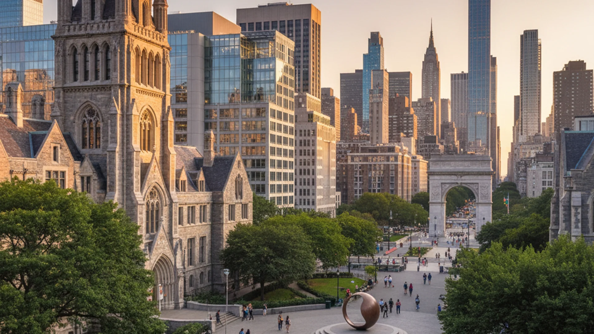 New York university campus with modern technology buildings and city skyline