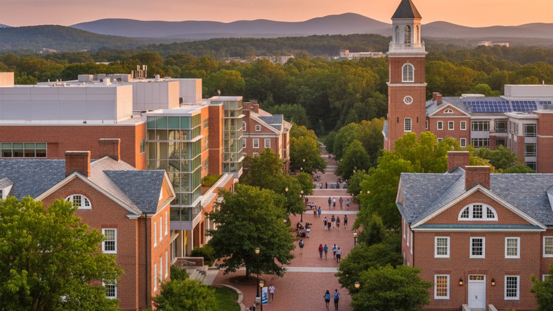 North Carolina university campus with Research Triangle Park technology buildings in background