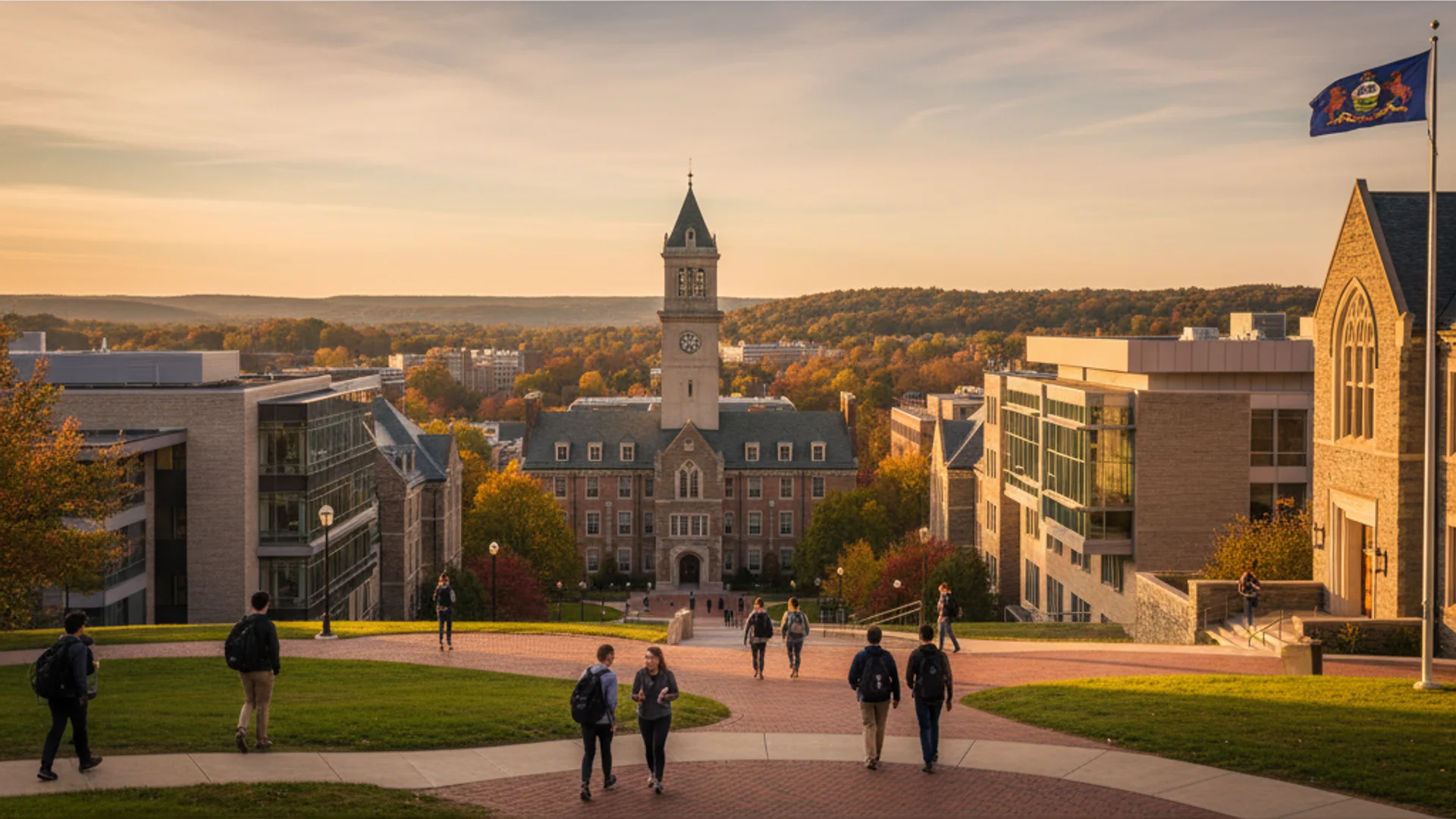 Pennsylvania university campus with historic brick buildings and modern tech facilities