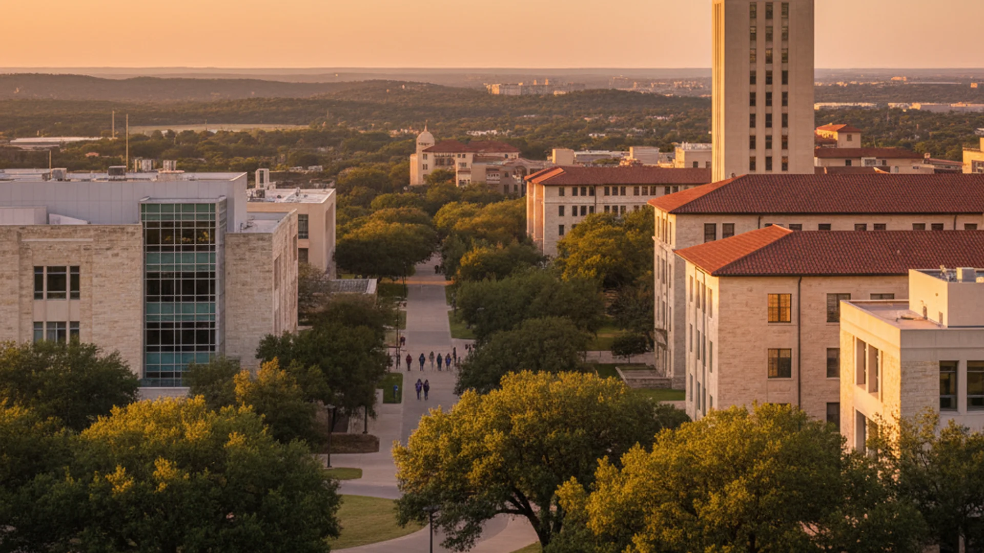Texas university campus with modern technology buildings and wide open spaces