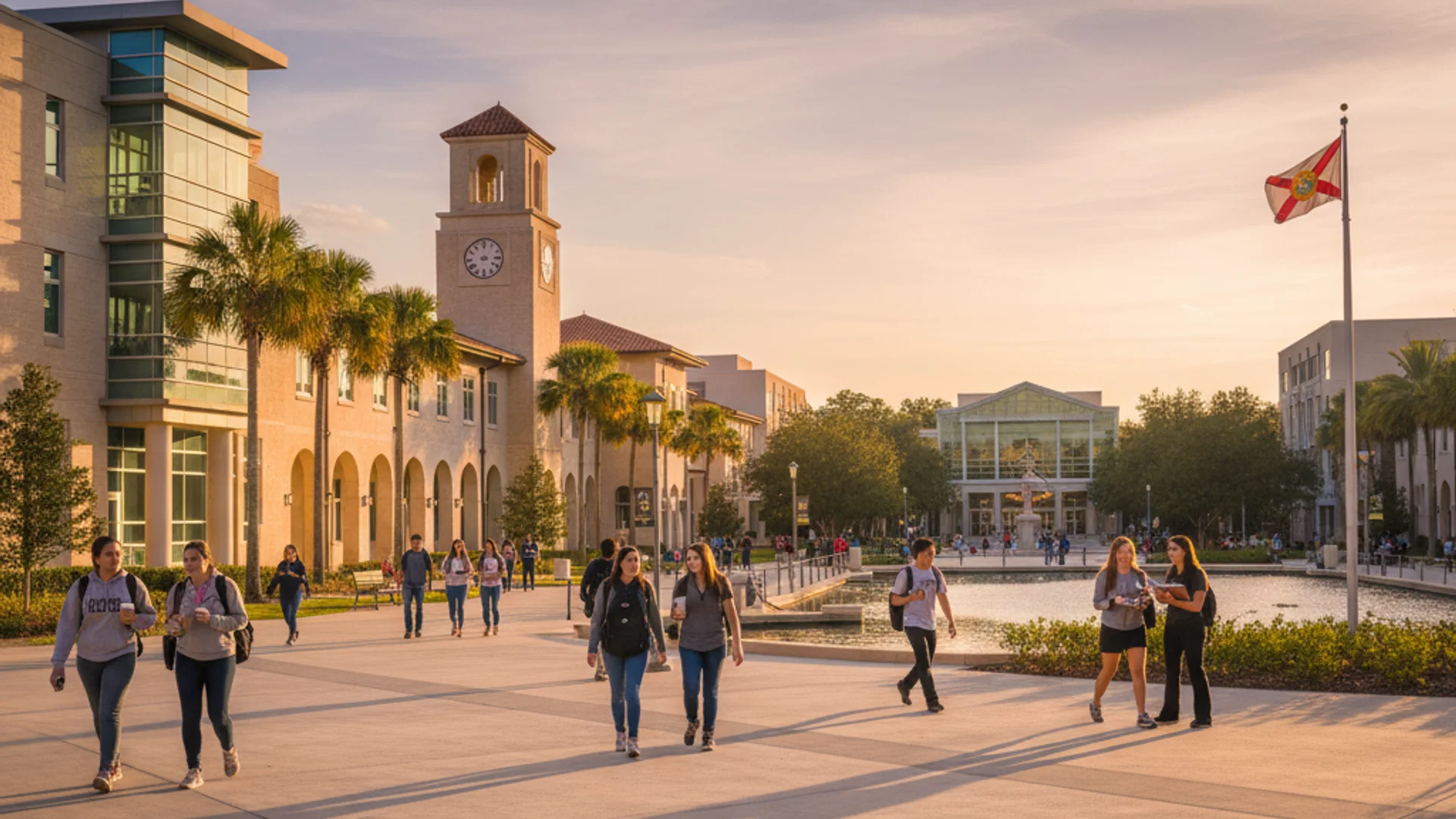 Florida university campus with tropical landscaping and modern IT building