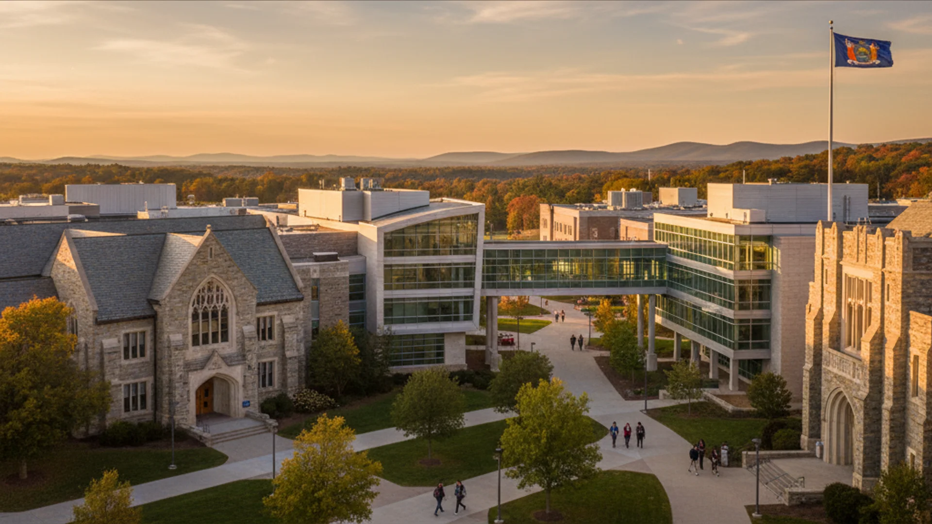 New York university campus with modern technology buildings and NYC skyline in background
