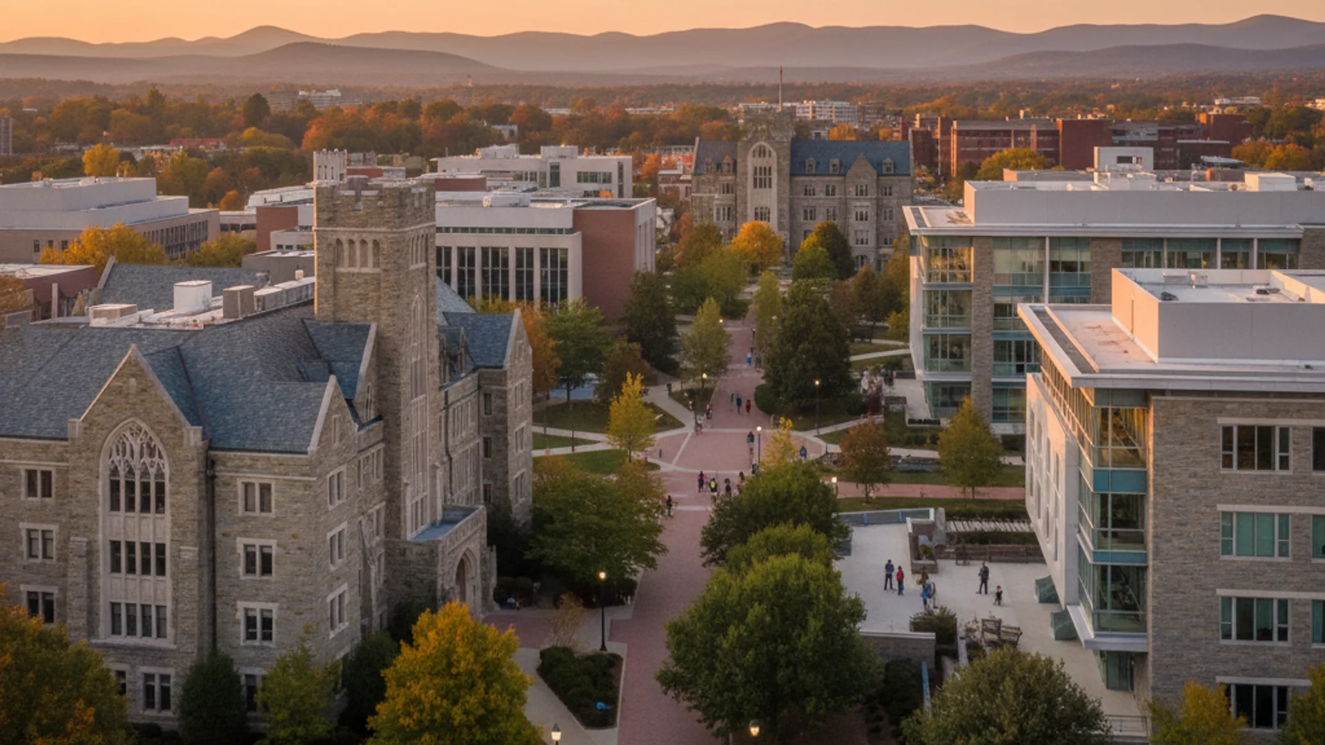 Virginia university campus with historic architecture and modern technology buildings