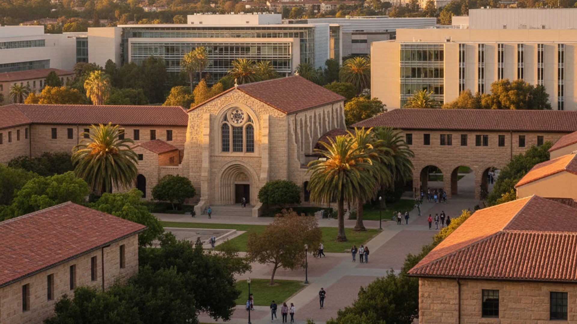 California university campus with modern tech buildings and Silicon Valley backdrop