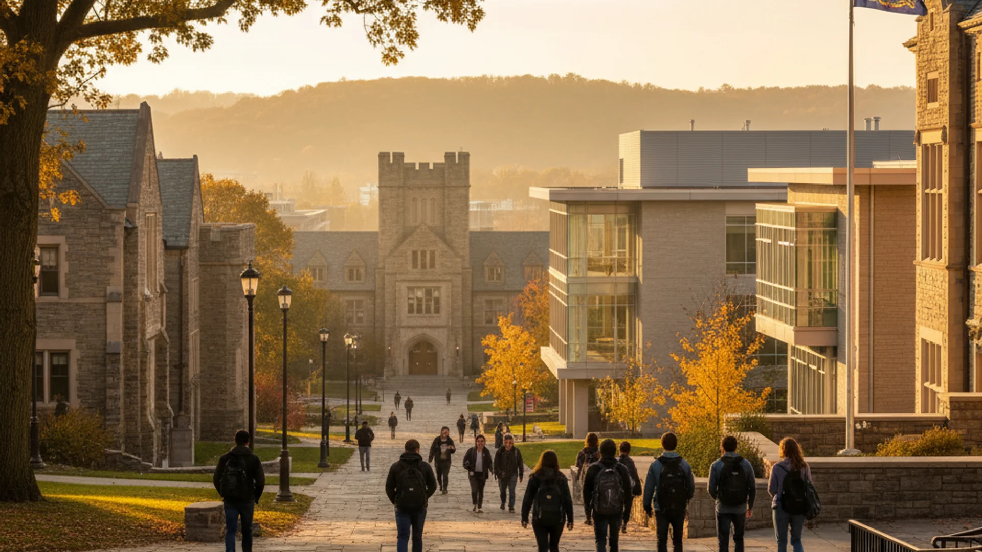 Pennsylvania university campus with historic brick buildings and modern tech facilities