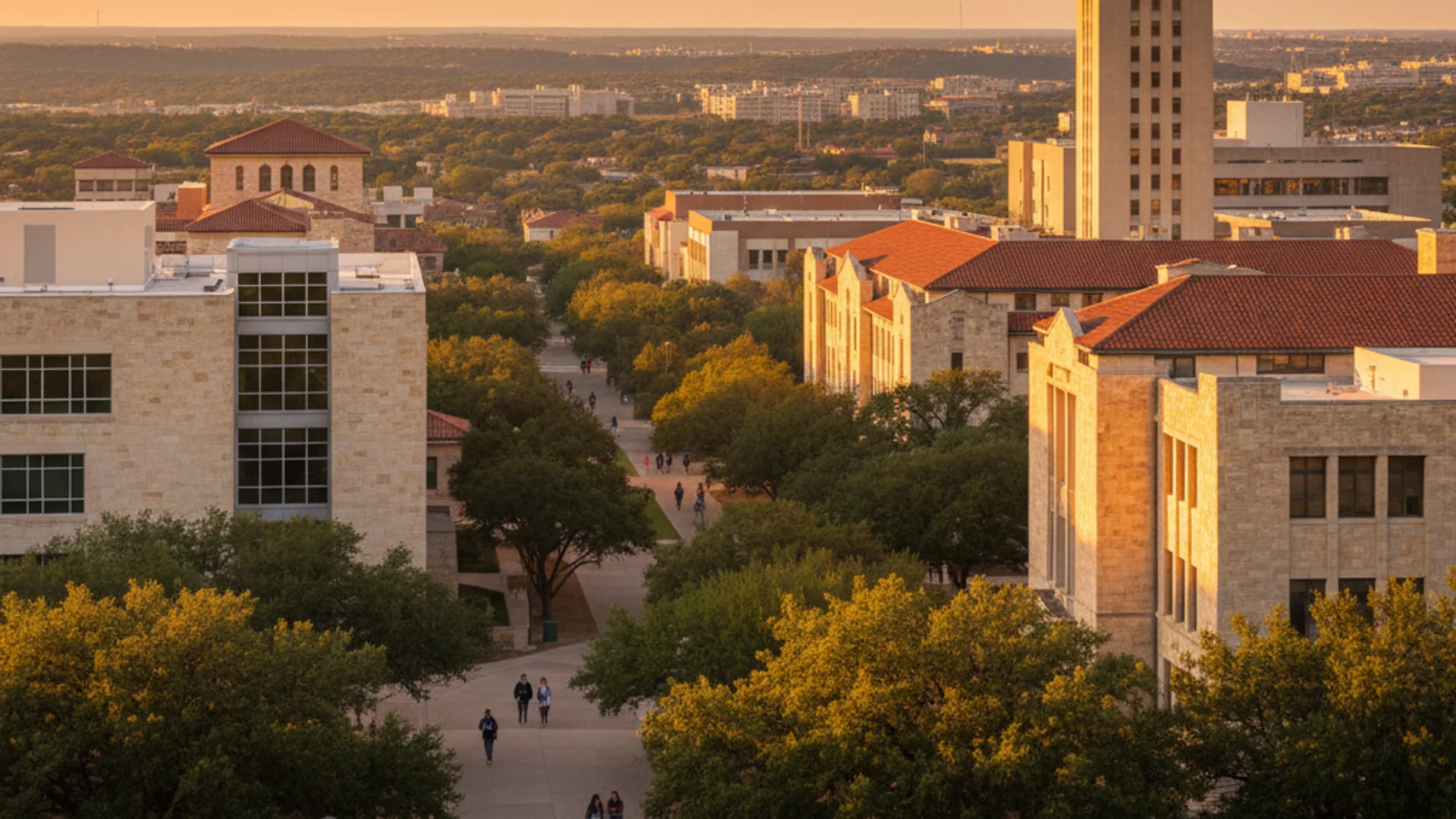 Texas university campus with Spanish colonial architecture and modern tech buildings