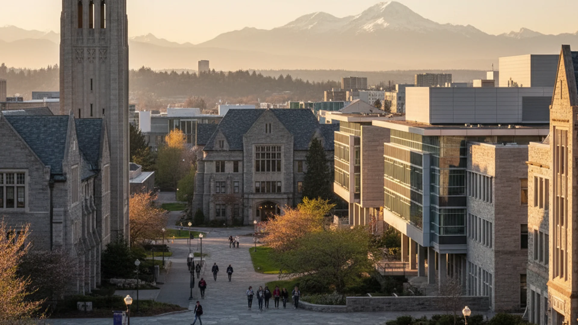 Pacific Northwest university campus with evergreen trees and modern tech buildings