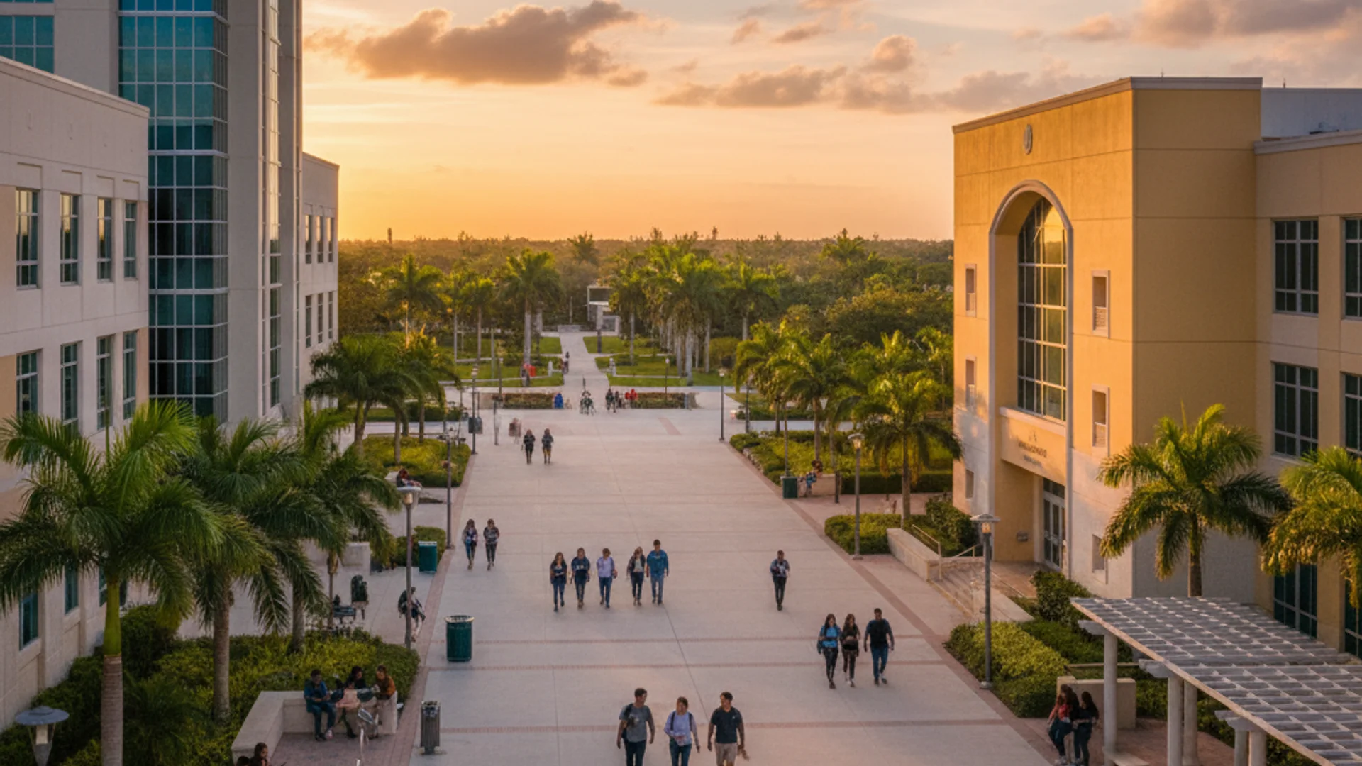 Florida university campus with tropical landscaping and modern tech buildings